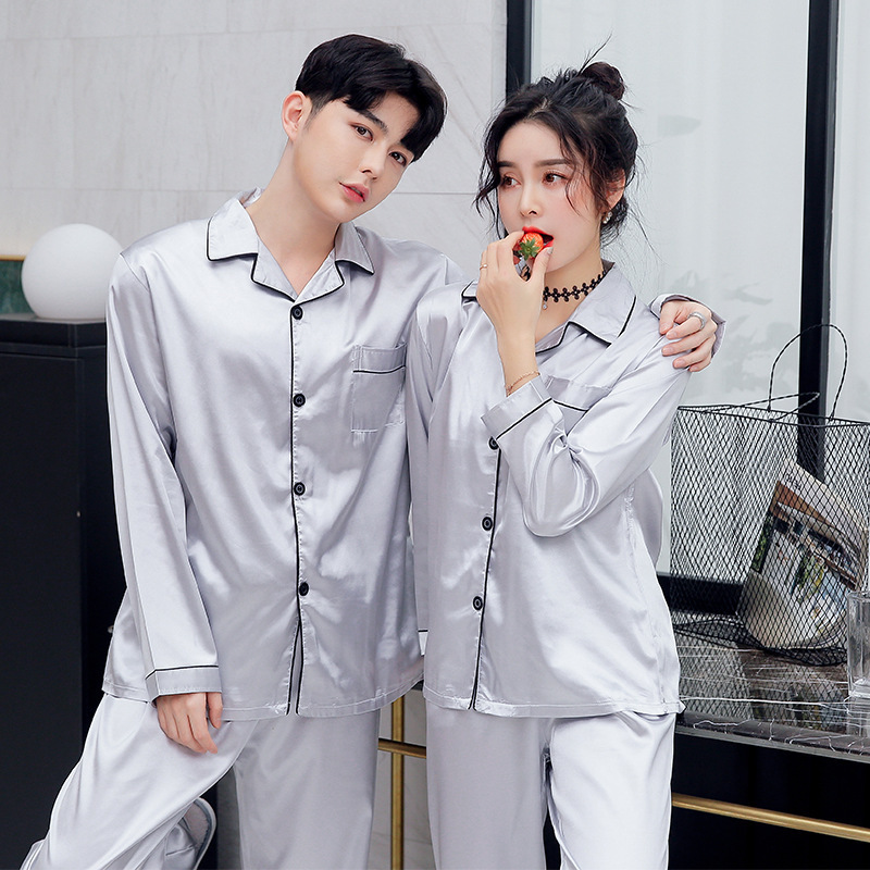 Directo de fábrica pareja pijamas de las mujeres primavera y otoño simple color sólido de seda de hielo de manga larga de seda artificial de los hombres desgaste del hogar traje