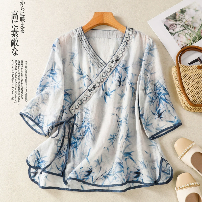 Футболка с воротником-стойкой из рами с рукавом три четверти в этническом стиле, новый китайский стиль, тонкий подол, диагональный лацкан, чайный костюм, рубашка в национальном стиле