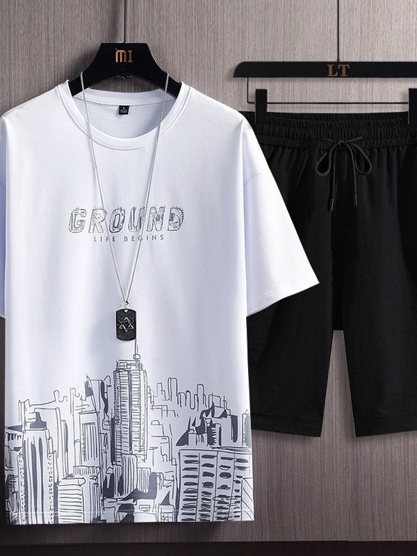 Ice Silk Gradient Suit Two-Piece Men's Short-Sleeved T-Shirt Summer Fashion New Casual Shorts Sports Handsome Men's Clothing