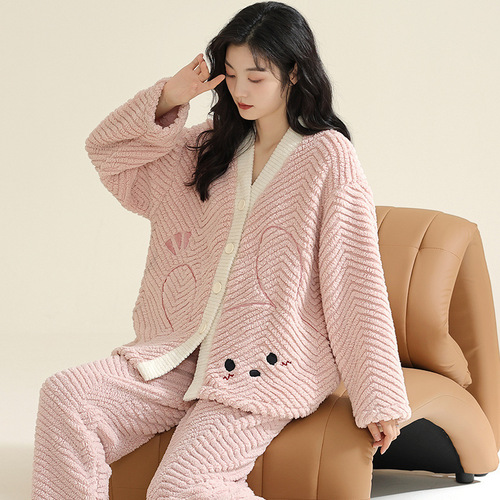 Pajamas for women in autumn and winter thickened velvet coral velvet cardigan style flannel warm two-piece home wear new style