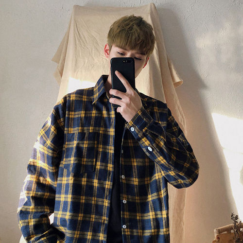 Men's Long-Sleeve Grid Shirt, Korean-Style Slim Fit, New Autumn Version, Hong Kong Style, Youth Student Original Host, Versatile Collarless Jacket