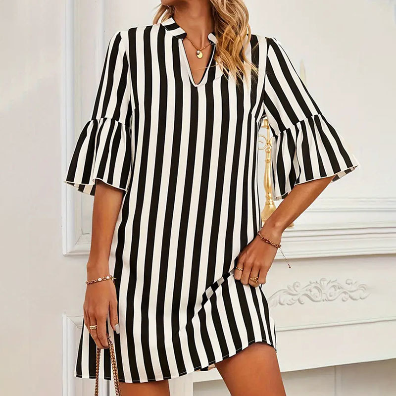 Striped A line Dress Half Sleeve Flared Sleeves Loose Short Dress Spring Summer Women