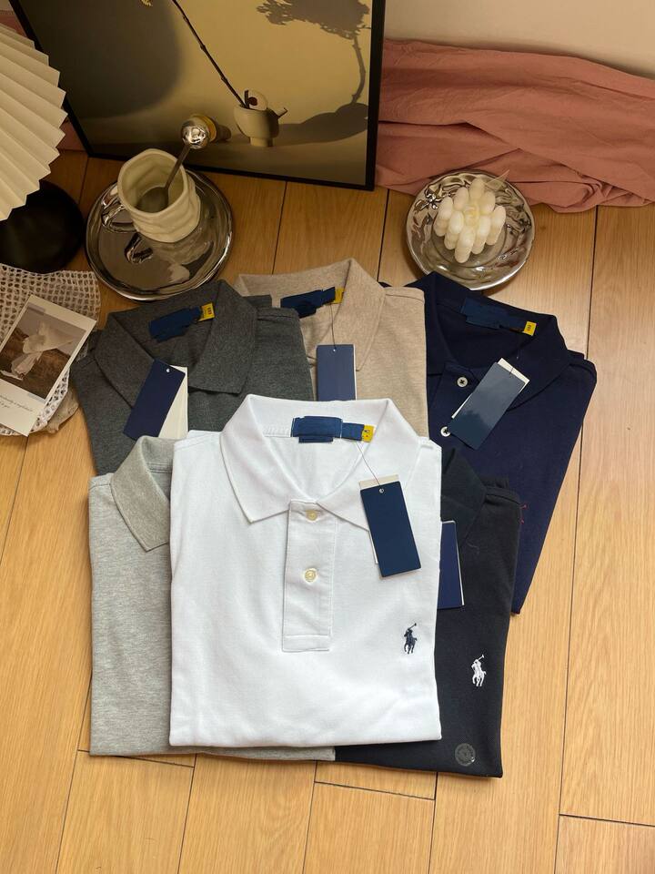 Áo polo nam tay ngắn cổ bẻ thêu logo ngựa nhỏ, chất cotton pique cao cấp — Màu trắng, Màu xanh tím than, Màu xám nhạt, Màu xám đậm
