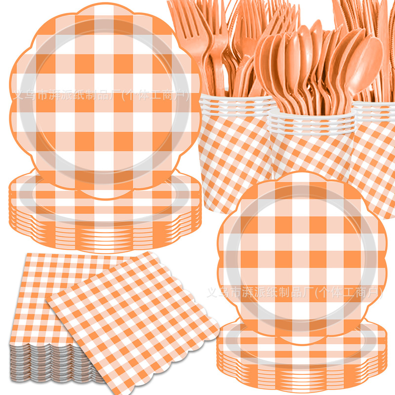 Cross-Border Hot Selling Orange Plaid Thanksgiving Autumn Special-Shaped Lace Paper Plate Paper Towel Disposable Tablecloth Party Supplies