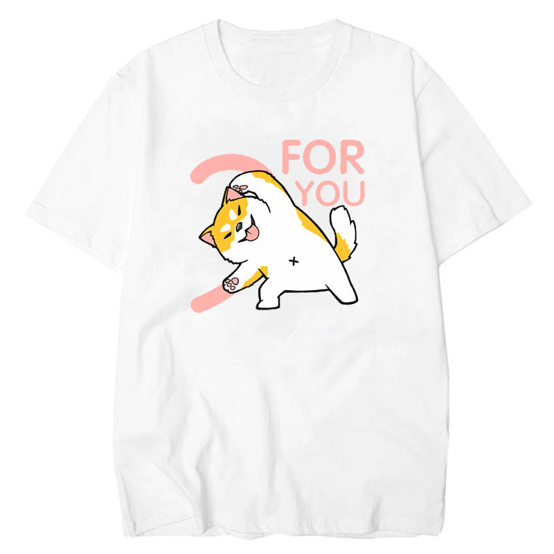 Creative cute cat with love print loose short sleeved T-shirt couple outfit_voghion.com