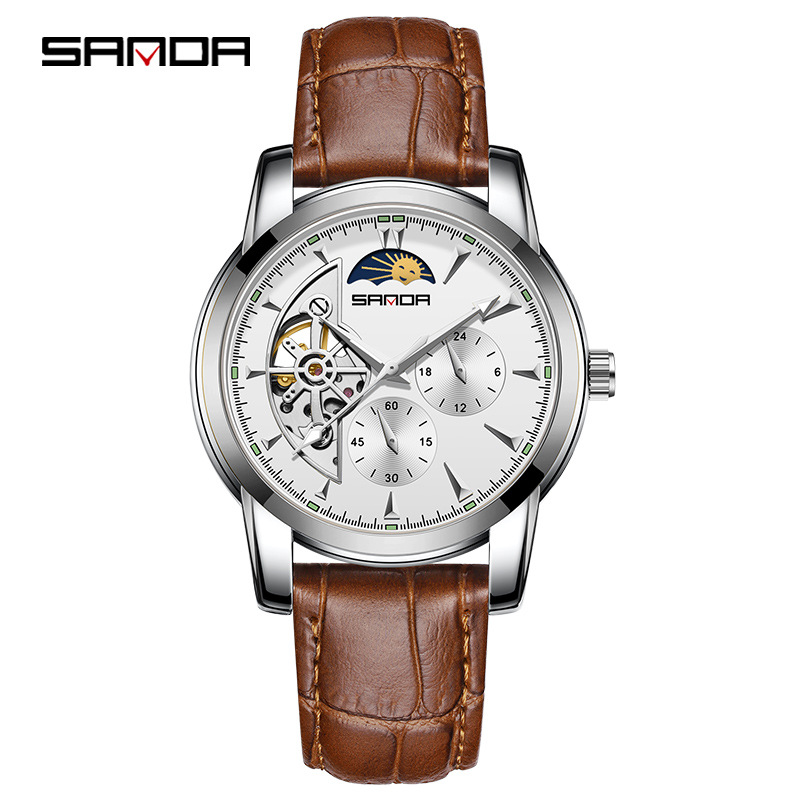 Sanda 7009 correa de acero para hombre reloj mecánico automático con 24 horas multifunción