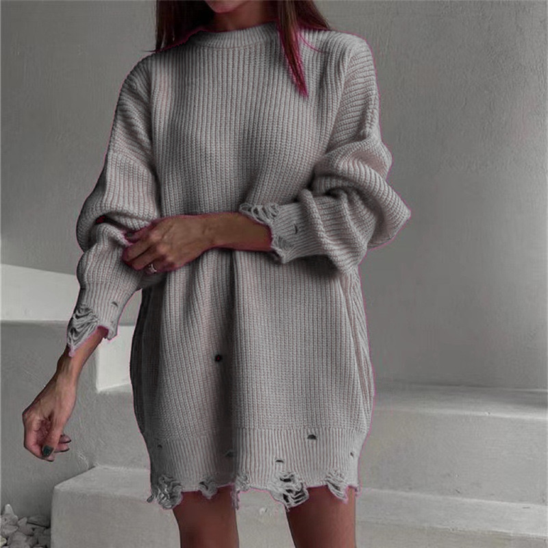 Loose Solid Color Ripped Sweater, Mid-Length, Autumn and Winter European and American Hot Style, 2026 Autumn and Winter Round Neck Pullover Long-Sleeve Knitwear Loose Solid Color Ripped Sweater, Mid-Length, Autumn and Winter European and American Hot Style, 2026 Autumn and Winter Round Neck Pullover Long-Sleeve Knitwear