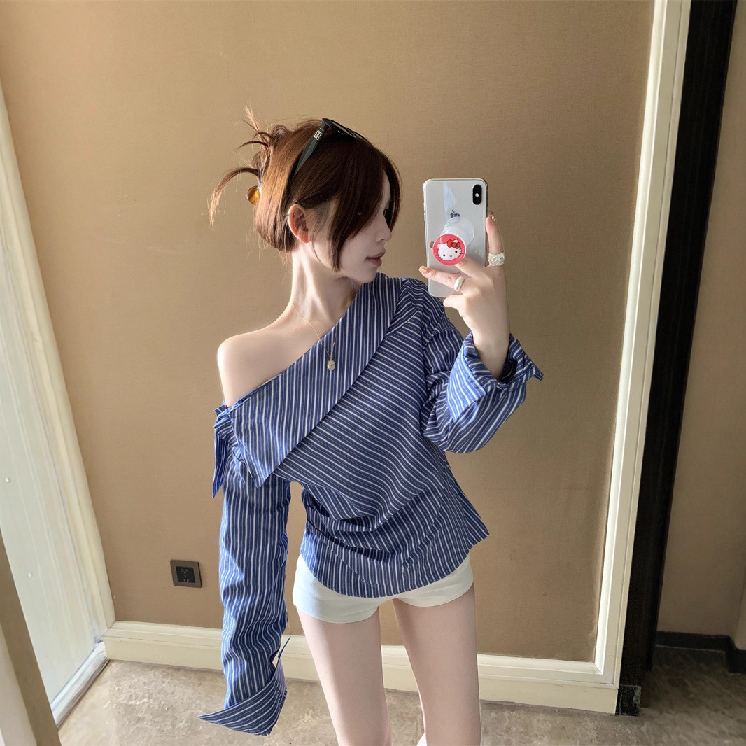 Irregular Blue Striped Off-Shoulder Long-Sleeve Shirt for Women, Autumn Niche Slim-Fit Shirt, Unique and Slimming Top