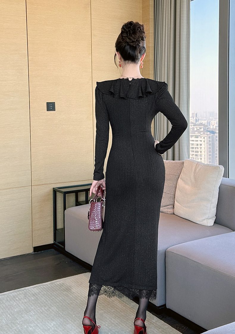 Váy dạ hội nữ cổ chữ V, tay áo lá sen, xếp ly eo, xẻ tà, dáng dài — đen chi tiết 9
