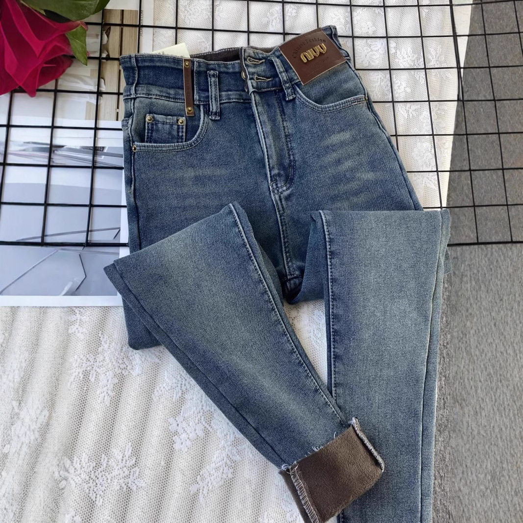 洋气蓝灰色加绒加厚牛仔裤女冬季大码保暖显瘦九分小脚外穿靴裤子