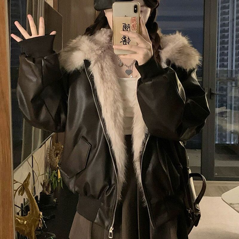 Zuoshandiao Fur Collar Hooded Plus Size Leather Jacket Women's 2026 Winter Fashion Fleece-Lined Warm Fur Coat Zuoshandiao Fur Collar Hooded Plus Size Leather Jacket Women's 2026 Winter Fashion Fleece-Lined Warm Fur Coat