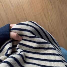 藏青条纹加绒拼接卫衣女秋冬新款无帽小个子2026年宽松上衣外套潮