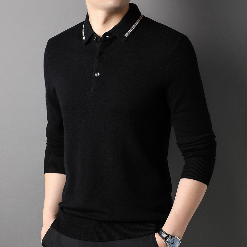 100 순수 양모 스웨터 남자 옷깃 스웨터 뉴 푸위안 스웨터 올 매치 니티드베이스 셔츠 탑