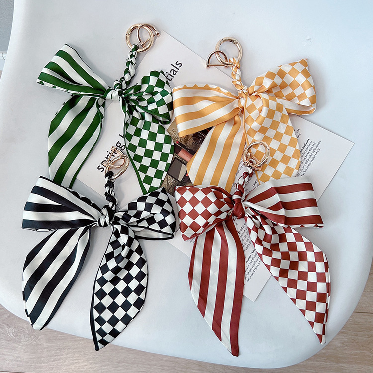 Internet Celebrity Checkerboard Silk Scarf Car Keychain Fashion Plaid Bow Bag Pendant Creative Girl Key Chain