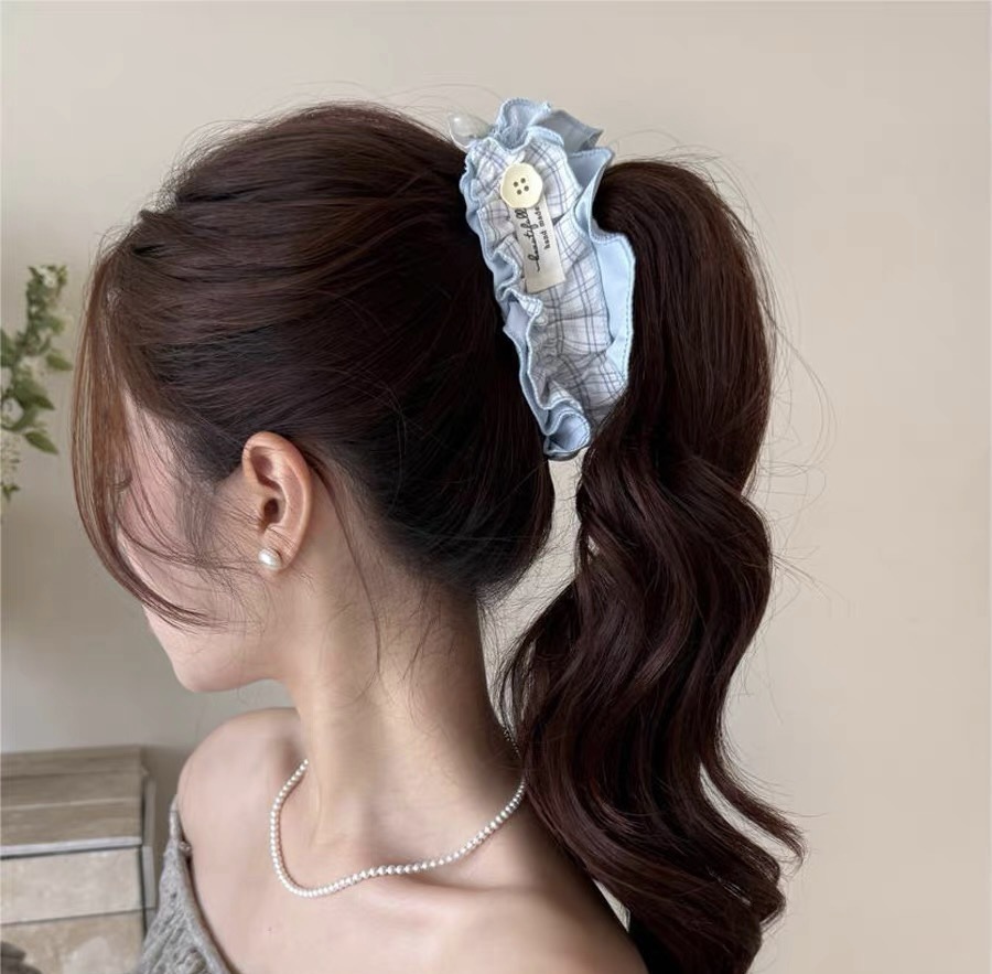 98# milk blue double-layer ruffle trim fine gingham banana twist hair clip - 13cm