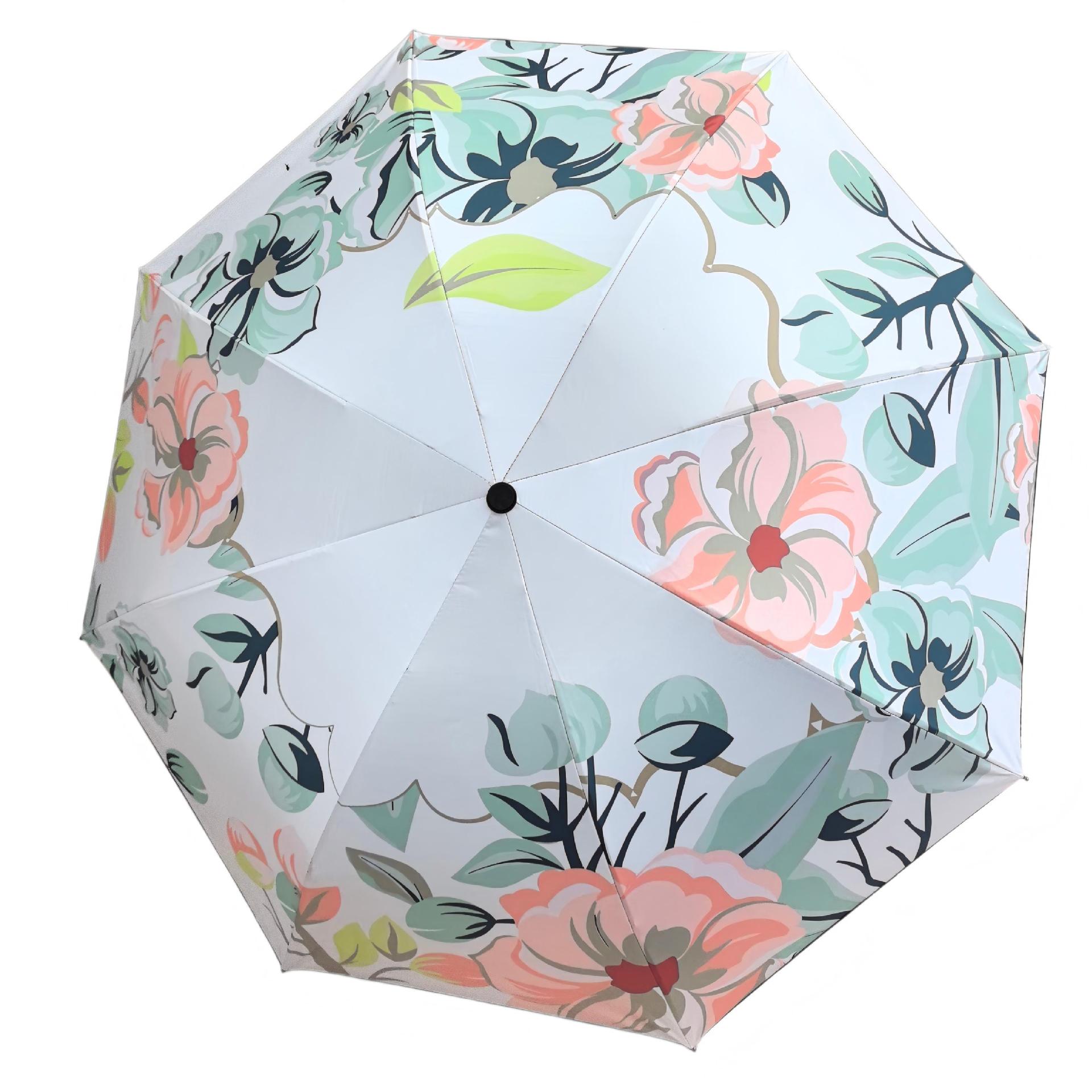 Sombrilla, de doble propósito para sol y lluvia, serie de flores, sombrilla plegable con revestimiento negro para protección solar.