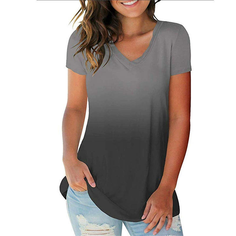 2024 Летняя женская новая модная футболка с градиентным галстуком с V-образным вырезом с короткими рукавами
