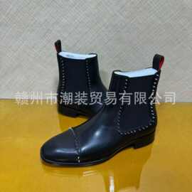 cl andgz红底鞋男鞋黑色牛皮男士铆钉切尔西靴真皮鞋平底短靴子