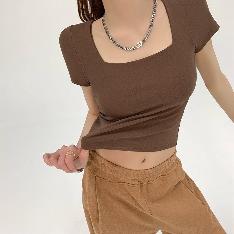 Cuello cuadrado francés, hombros rectos, gris fino, manga corta, verano puro, dulce y picante, camisa de fondo, camiseta fina, blusa interior