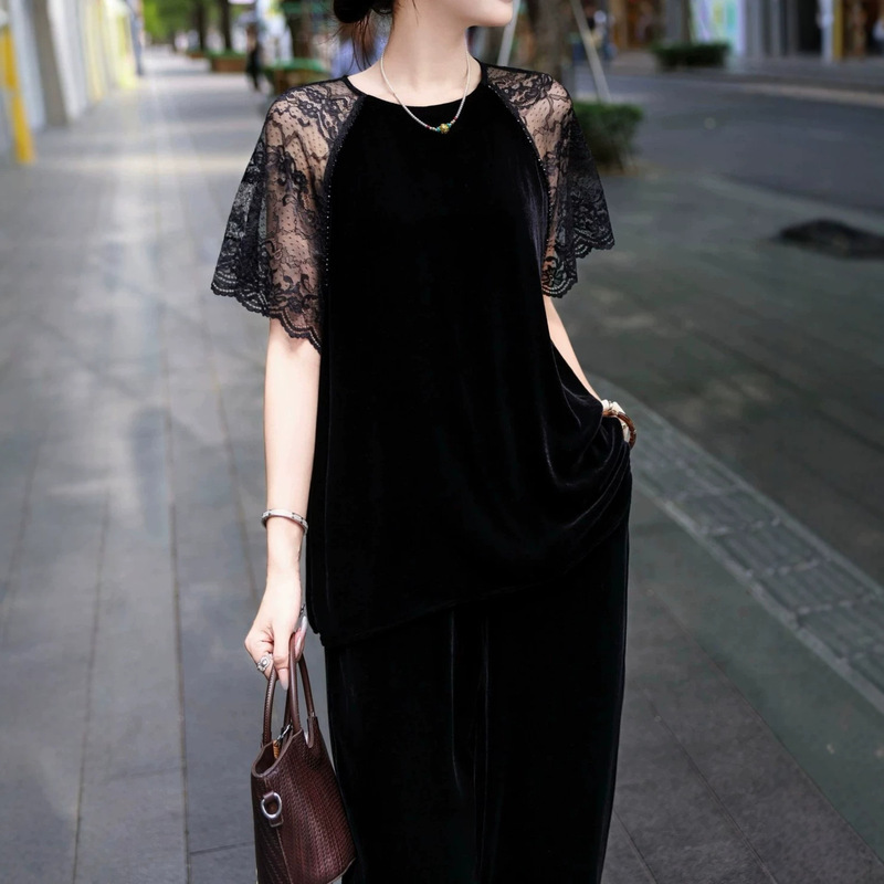 Silk Velvet Sleeves with Lace and Beading, Round Neck, Black, Elegant and Versatile, Nanyou Summer Short-Sleeved Shirt Silk Velvet Sleeves with Lace and Beading, Round Neck, Black, Elegant and Versatile, Nanyou Summer Short-Sleeved Shirt