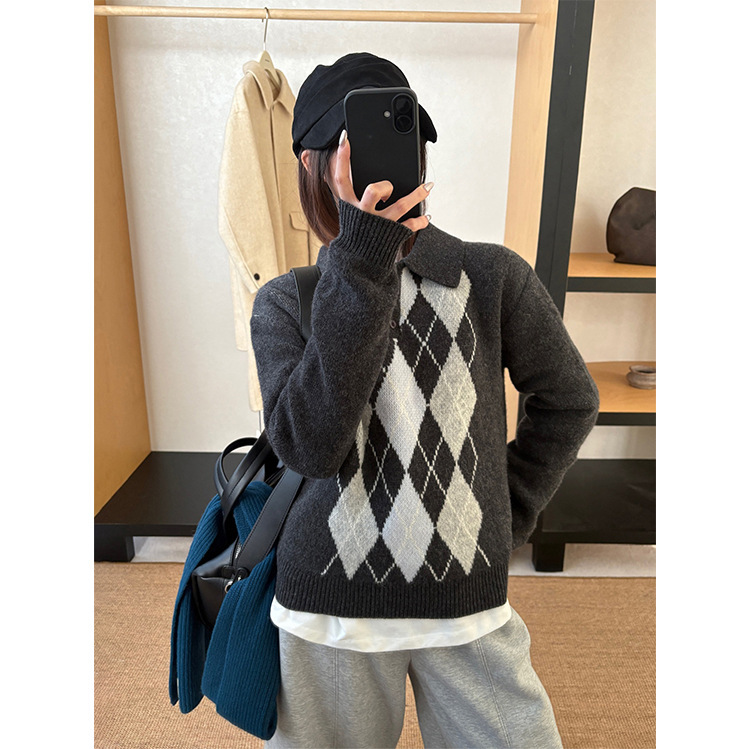 Tg Academy Magazine Classic Retro Full Wool Argyle Polo Sweater for Women 2025 Winter New Style 26058 Tg Academy Magazine Classic Retro Full Wool Argyle Polo Sweater for Women 2025 Winter New Style 26058