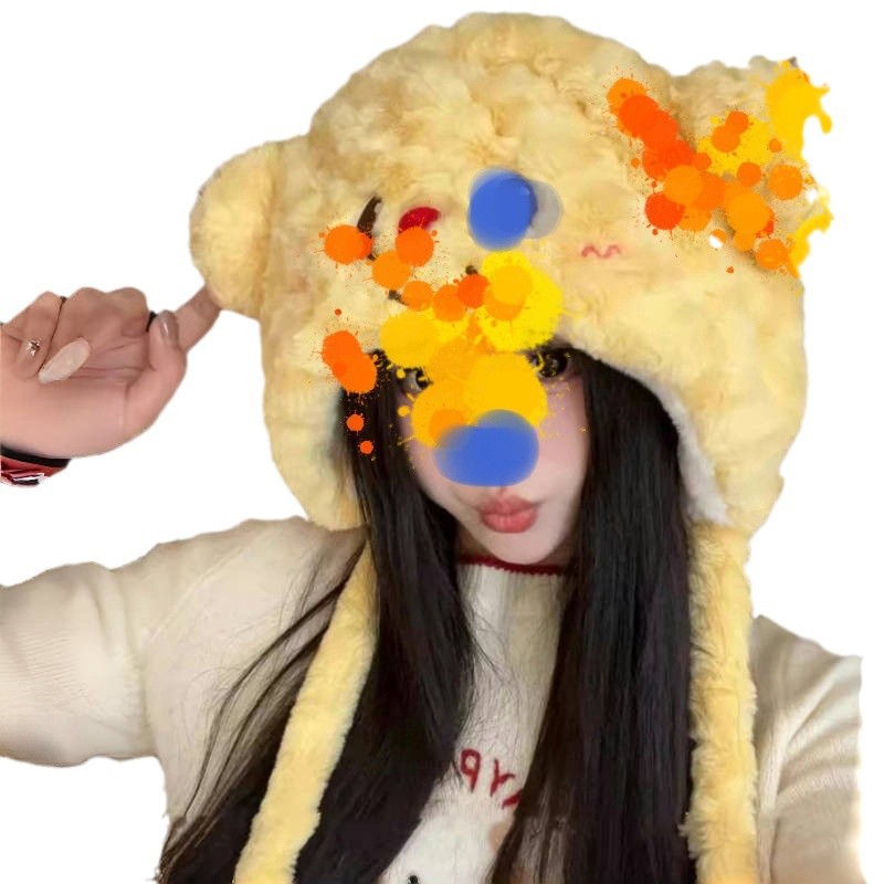 Kreskówka Słodki Miś Masło Pluszowy Wełniany Rękaw Dzianinowy Zintegrowany Ciepły Zimnoodporny Gruby Jesień i Zima Lei Feng Czapka_voghion.com