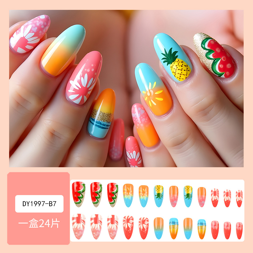 Dulce y fresco verano playa color impresión uñas rodajas de piña tipo gota uñas uñas venta caliente transfronteriza uñas