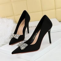 18249-K51 Banquet High Heels Thin Heels Ultra High Heels Shallow Mouth Pointed Silk Water Diamond Bow Single Shoes