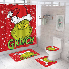 Bathroom Polyester Waterproof Shower Curtain Set with Flower Shower Curtain, Bathroom Anti-slip Mat Shower Curtain, Grinch 4 Pack Set