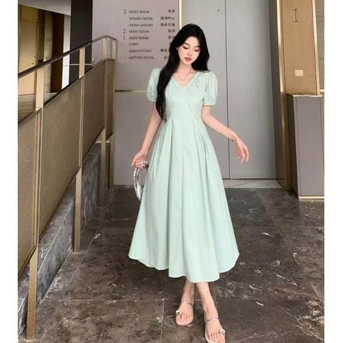 Summer Style Chic Unique Whitening V-Neck Bubblesleeve Dress New Slimming Tea Party French Waist Cinching Gentle Long Dress