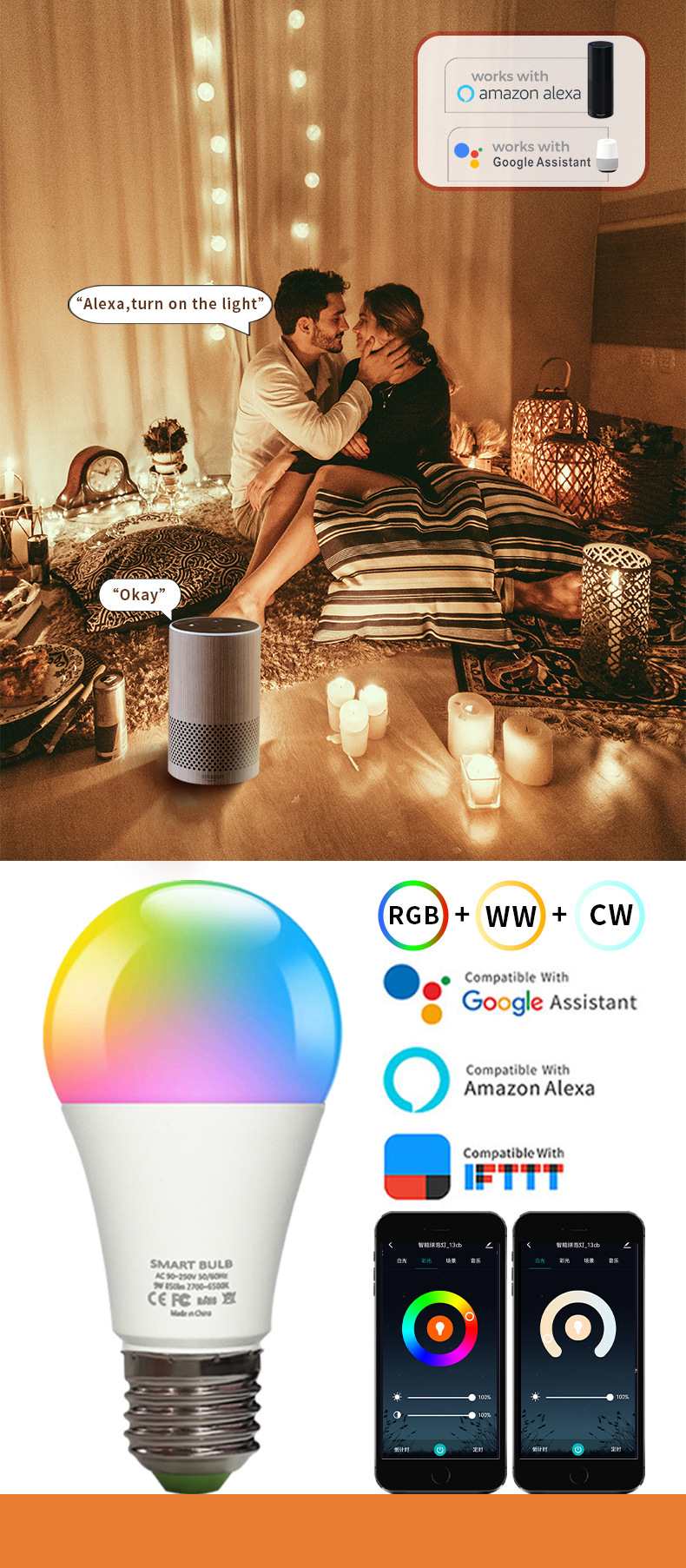 WiFi智能变光灯泡Alexa语音控制RGBCW调光调色球泡涂鸦Smart Life详情1