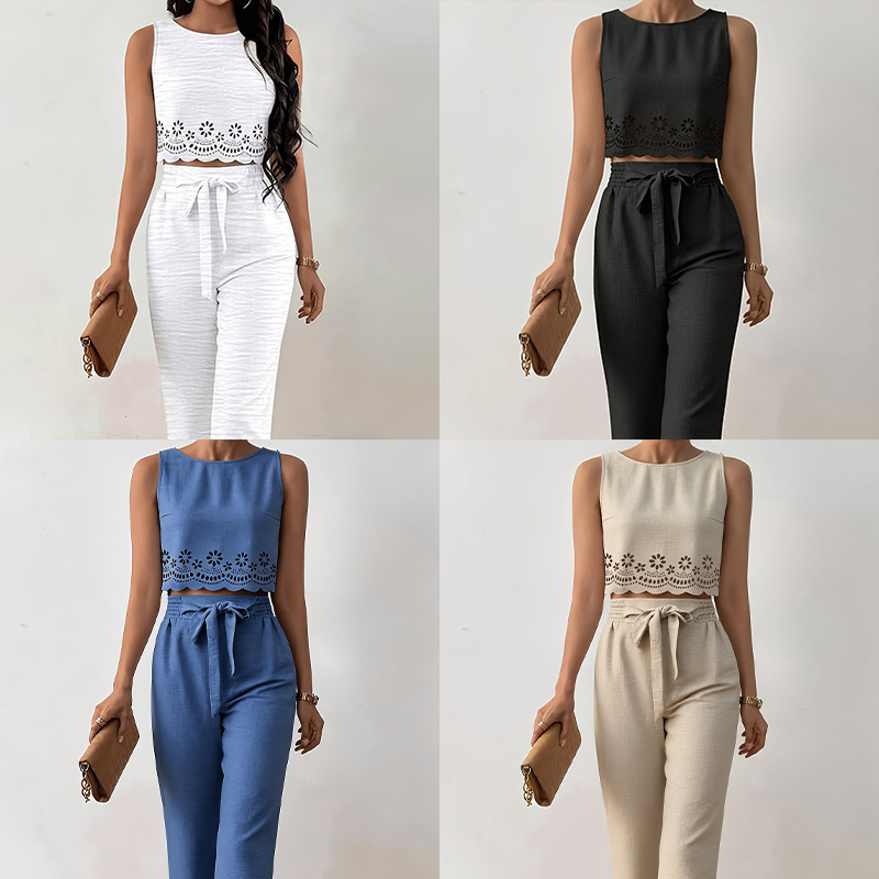 Amazon Hollow-Out Solid Color Round-Neck Sleeveless Loose Top with Tie Wide-Leg Pants Women's Fashion Vest and Long Pants Set Amazon Hollow-Out Solid Color Round-Neck Sleeveless Loose Top with Tie Wide-Leg Pants Women's Fashion Vest and Long Pants Set