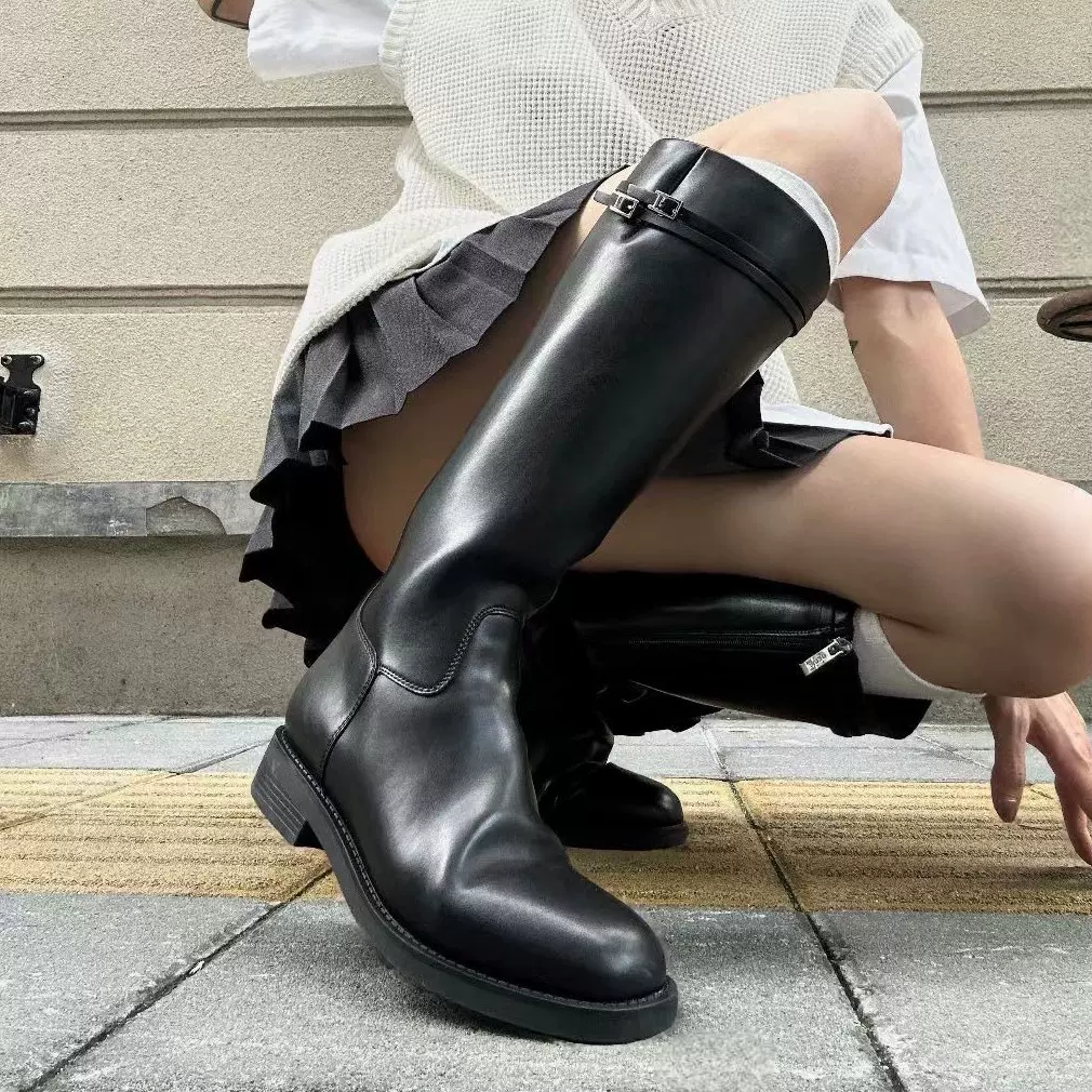 羊皮版~2025秋冬新款骑士靴英伦风百搭长筒靴女厚底显瘦高筒靴子