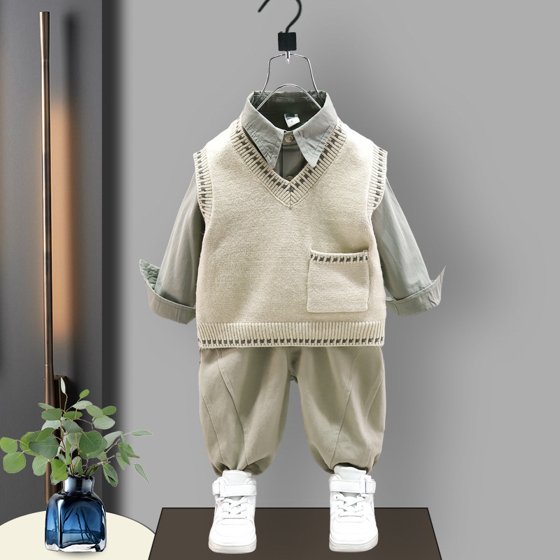4283 traje de ropa de otoño para niños 2023 nuevo estilo occidental Bebé Suéter para niños chaleco camisa conjunto de tres piezas bebé primavera y otoño