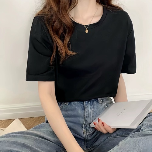 New men's summer short-sleeve solid color 26-count combed cotton round neck loose fit T-shirt trendy brand INS wholesale T-shirt