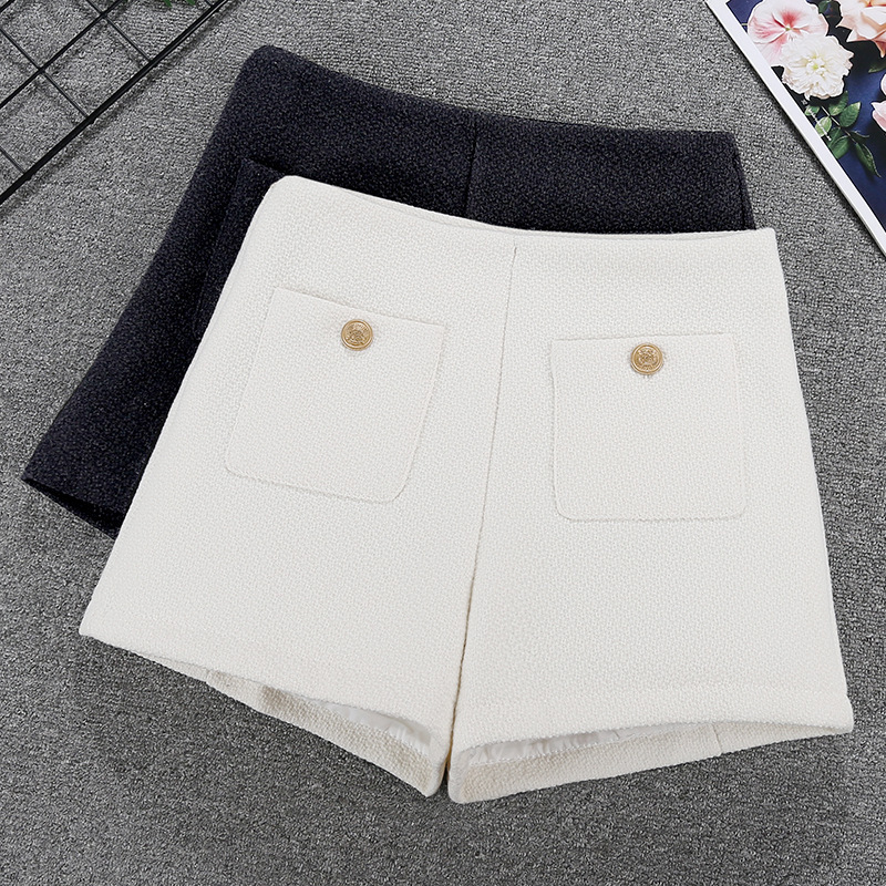 Fashionable Flap Pocket Pants Tweed Shorts Korean High-Waisted Straight Wide-Leg Pants with Boots and Leggings for Outer Wear 8335