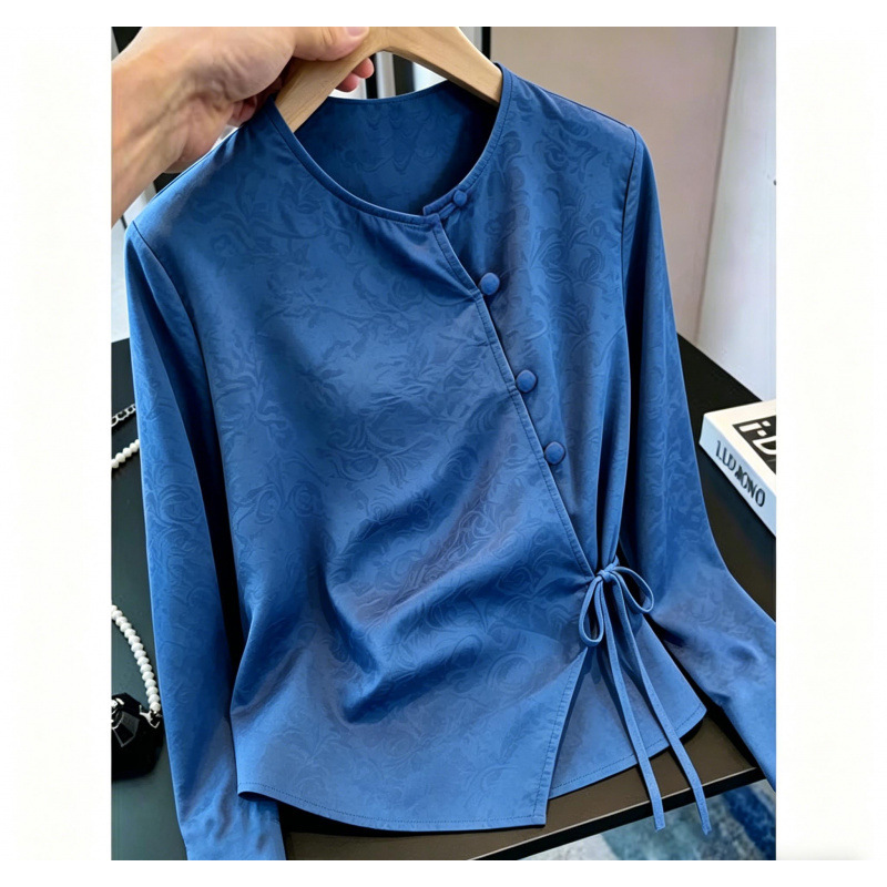 2026 Spring/Summer New Style Retro New Chinese Style Blue Diagonal Placket Tie Shirt Top for Women High-End Fashion