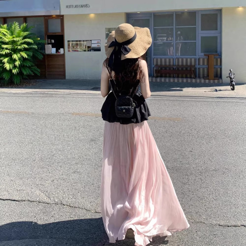 Liangeixuan [Island Satin Large Skirt] Sparkling Elastic Waist Skirt Spring A-Line Long Skirt for Women Pleated
