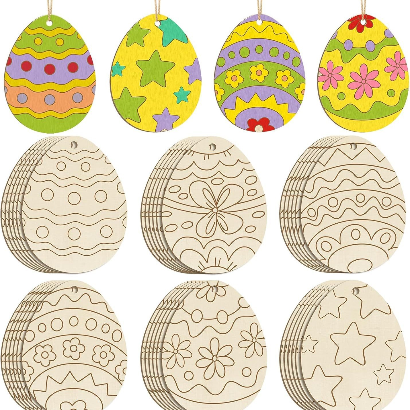 木制复活节装饰品涂漆,6 种风格 DIY 空白未完成的木蛋镂空装饰品