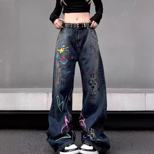 American Retro Street Graffiti Denim Jeans for Children and Women - Spring National Trend, Unique, Loose, Slimming, Straight, Wide-Legged, Floor-Length Pants