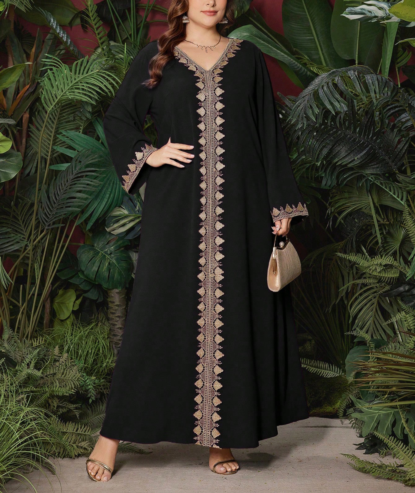 Ethno-Stil Damenkleid mit Stickerei, V-Ausschnitt, langen Ärmeln, lockerem Maxirock, Übergröße, exotische Herbstmode_voghion.com