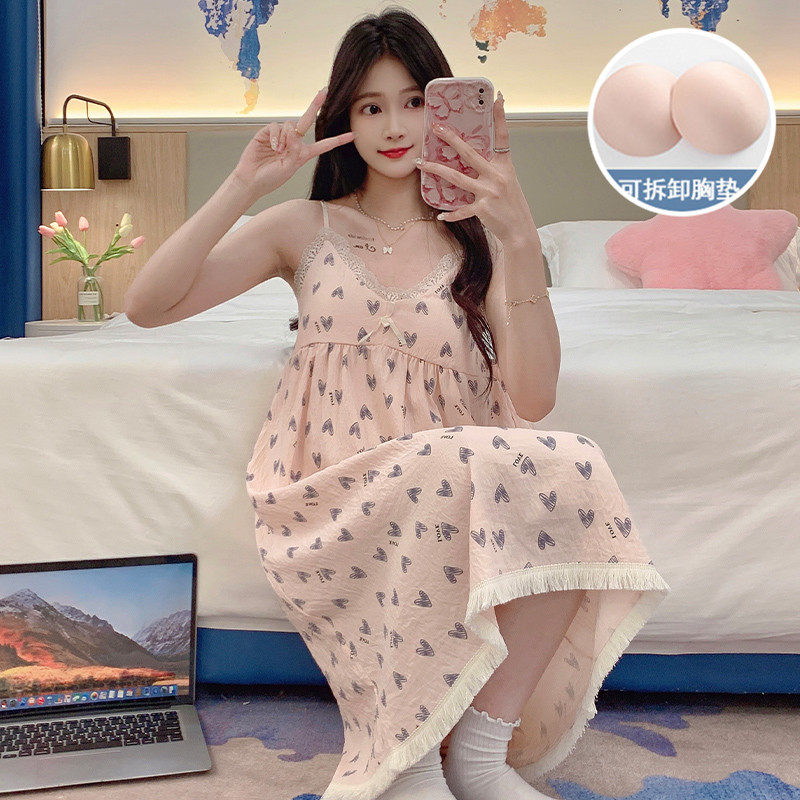 Pijamas de verano de niña cabina larga falda cojín de pecho camiseta ropa casera nubes de algodón dulce ropa casera