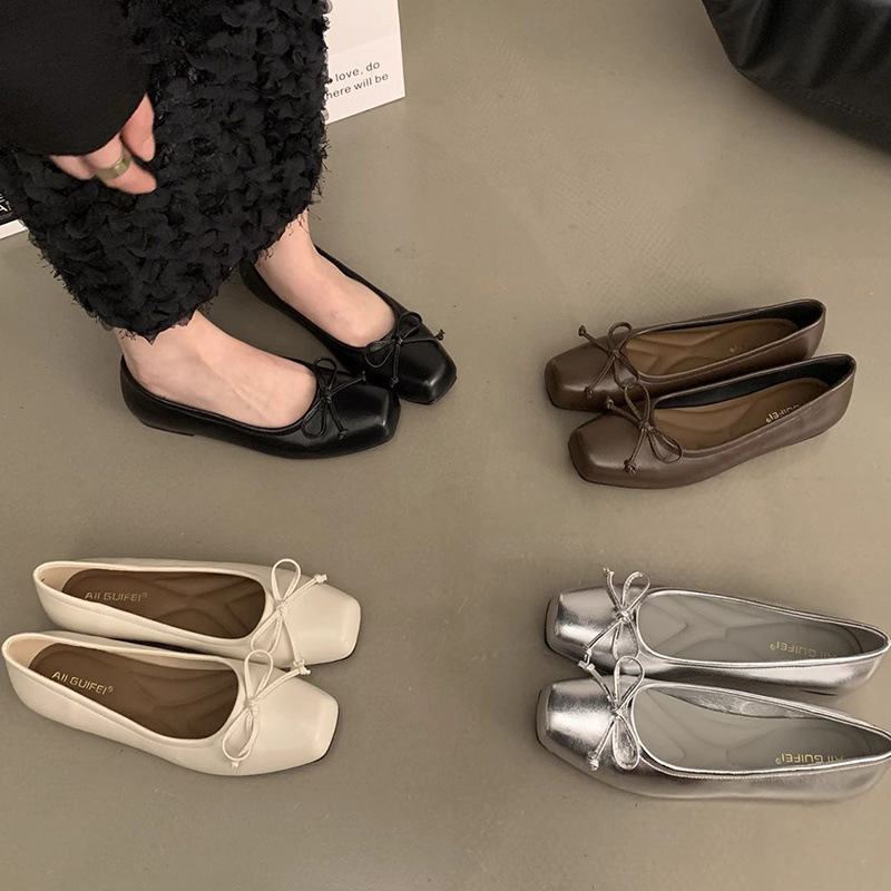 High-End Silver Flats for Women 2025 Spring and Summer New Square-Toe Small Leather Shoes Gentle Butterfly Black Beige Brown