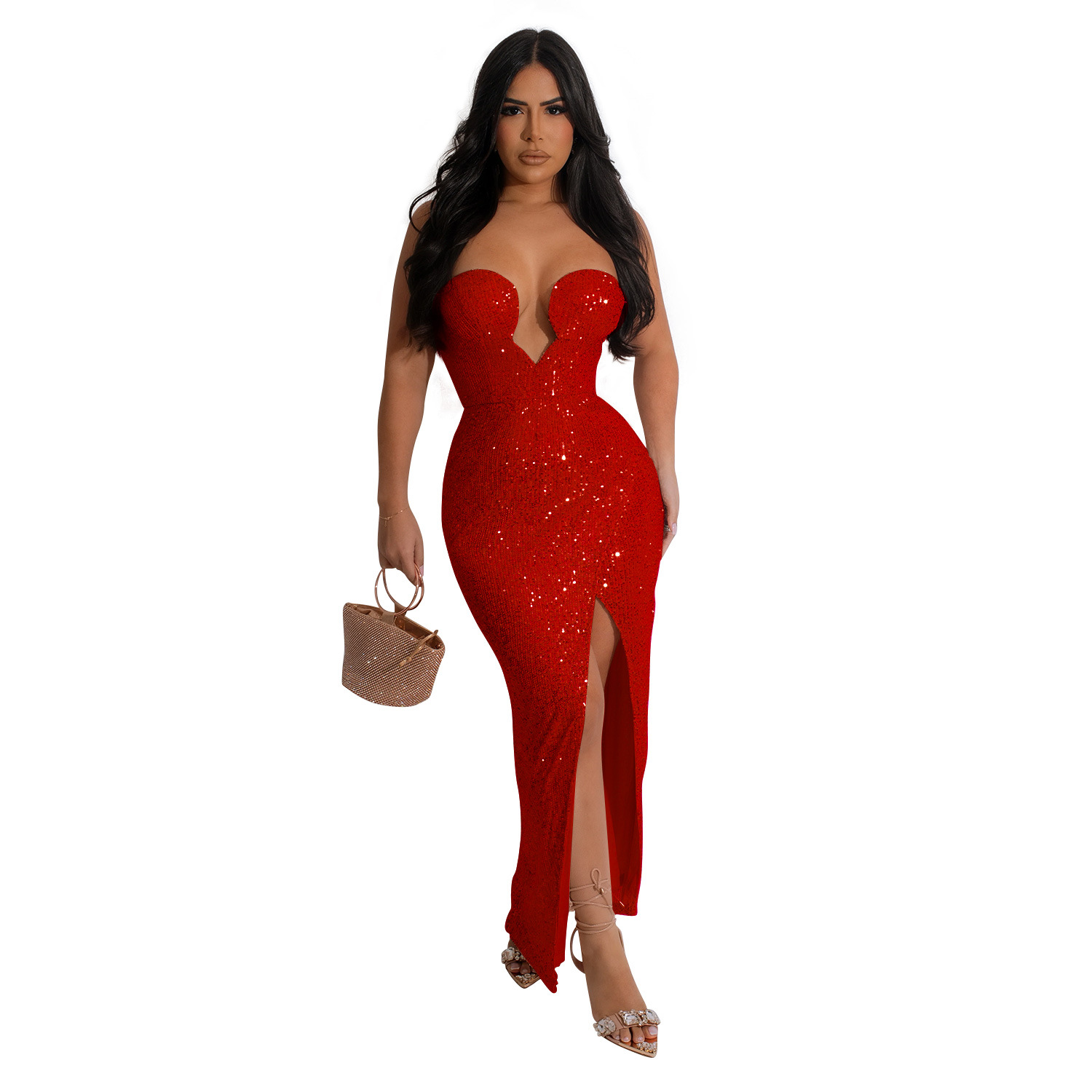 C6782 transfronteriza AliExpress Amazon europeo y americano de las mujeres de moda de color sólido sexy vestido de lentejuelas vestido sin espalda image 9