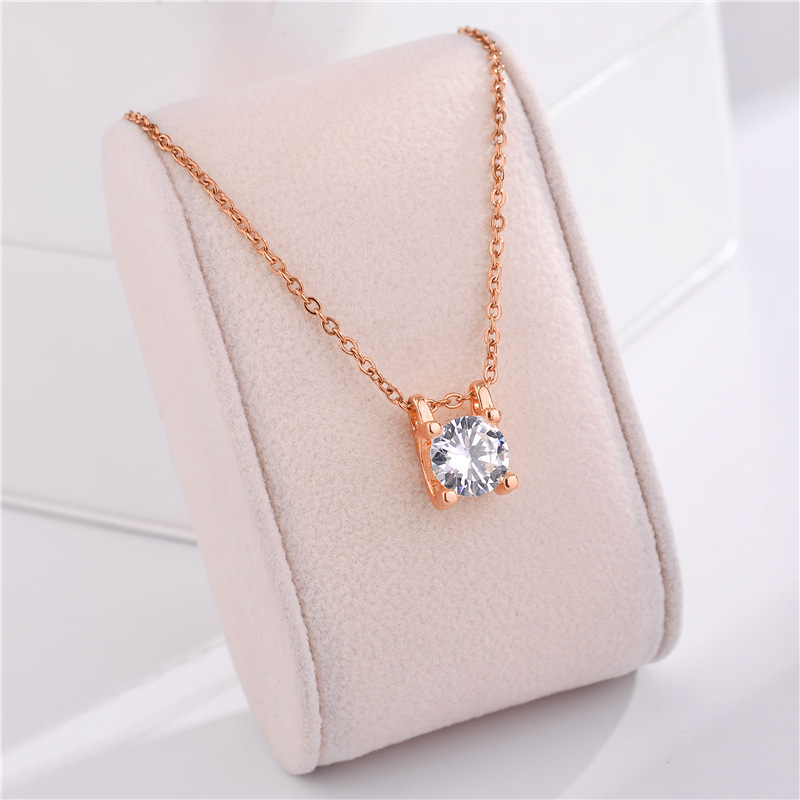 rose gold plated simple four claw single diamond pendant female versatile trend clavicle chain temperament titanium steel necklace_voghion.com