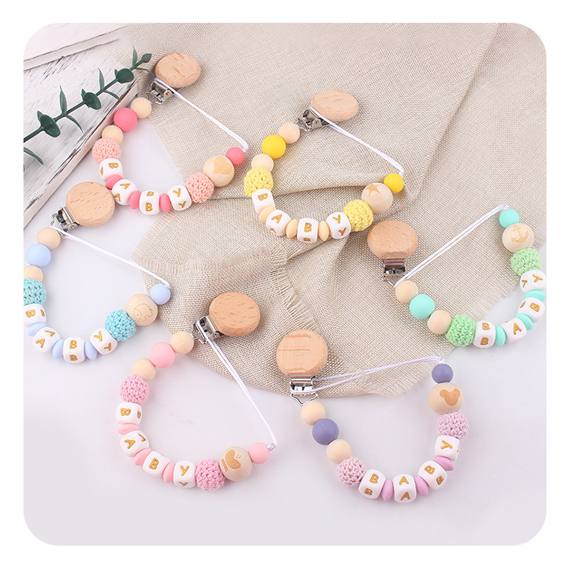 Productos para bebés abrazadera de tetina plana redonda de beech letras de silicona nombre de bebé DIY calmar tetina cadena de prevención de caída cadena