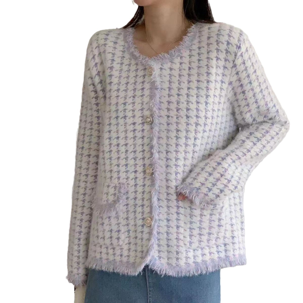 El otoño y el invierno Nuevo suéter de punto de las mujeres de pata de gallo de imitación de visón de terciopelo suelta estilo Chanel abrigo del todo-fósforo