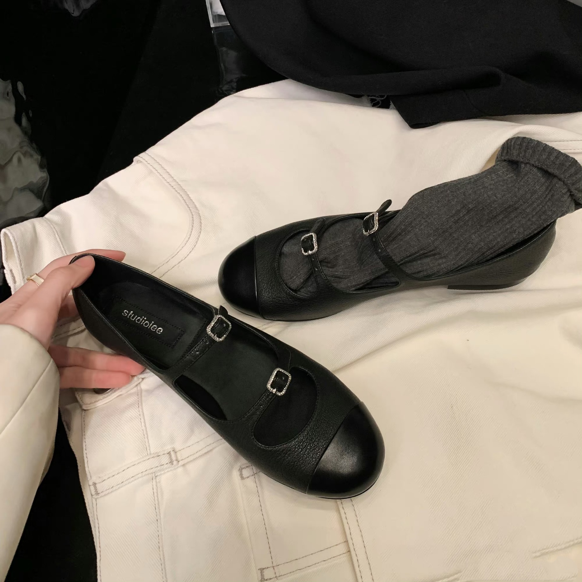 Sheepskin Version ~ Grape Mom's Same Style Round Toe Color Matching Double Strap Shallow Mouth Ballet Mary Jane Flats Women's Scoop Shoes