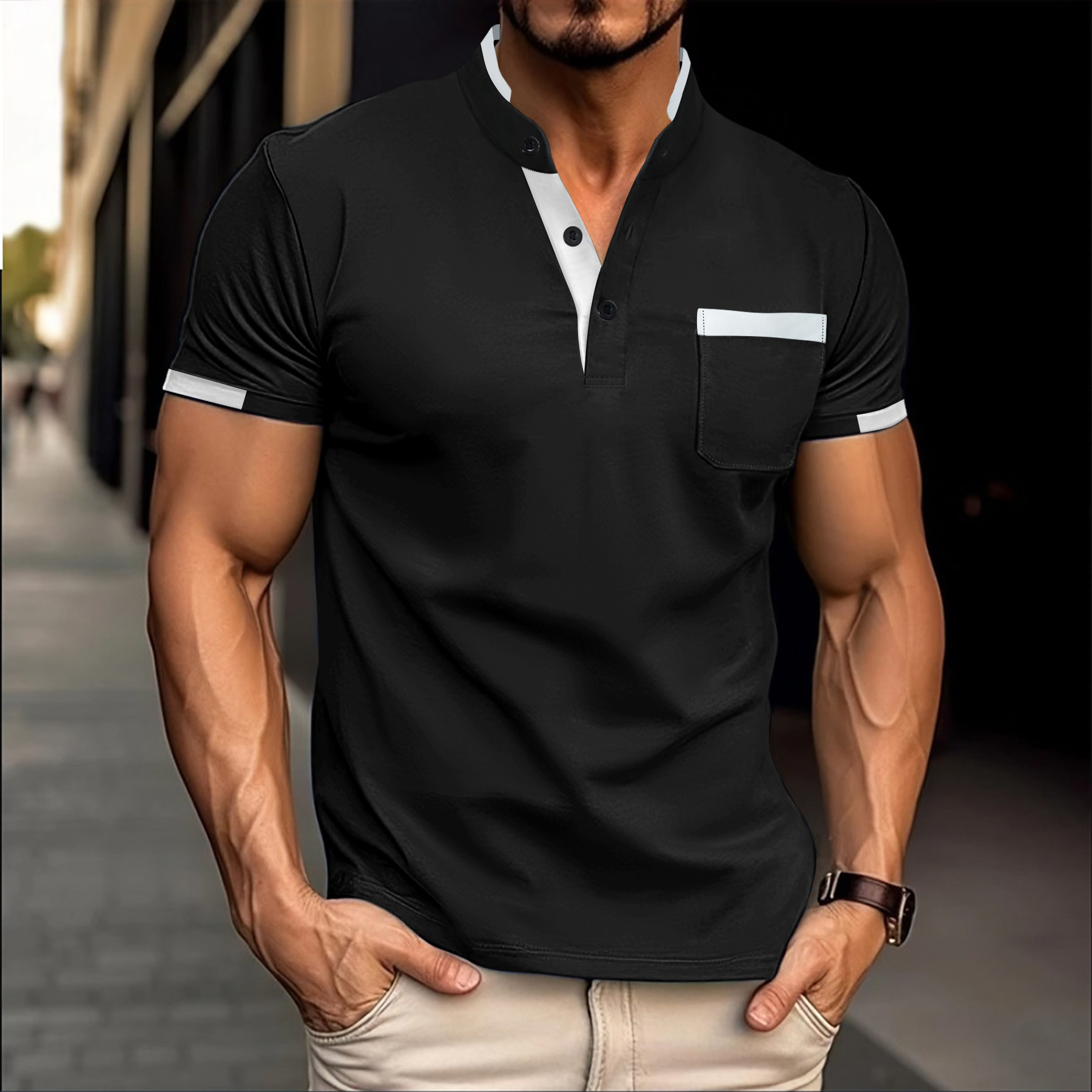 外国貿易ヨーロッパとアメリカの新しい夏のメンズファッションカジュアル Tシャツメンズスタンドカラーヘンリー半袖カジュアルカラーブロック Tシャツ