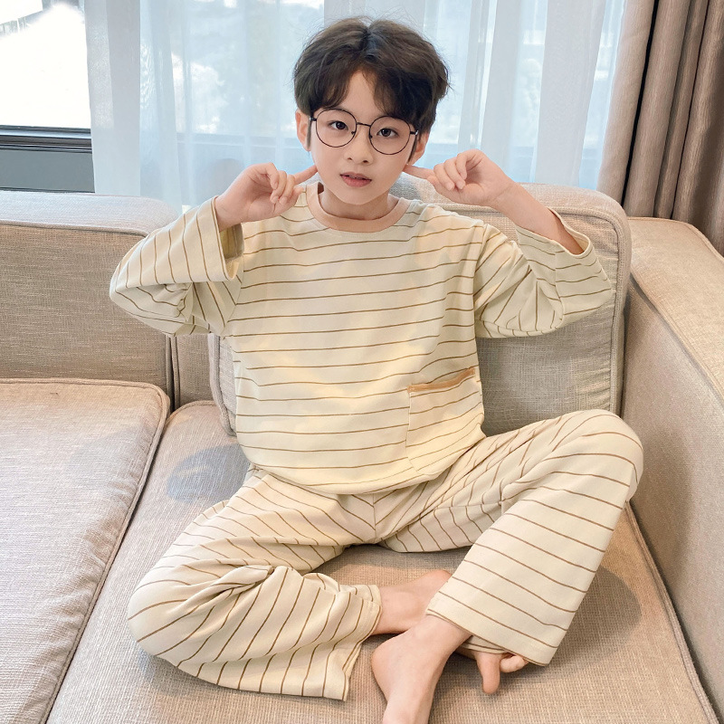 Boys' Pajamas Spring and Autum Pure Cotton Long-Sleeved Thin Section 2025 New Kidsren's Cotton Boys Stripesd Medium and Large Kidsren's Suit
